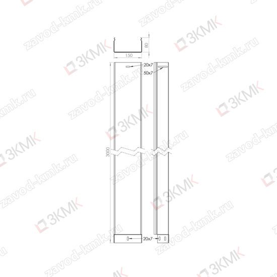 Чертеж лотка неперфорированного 150x80