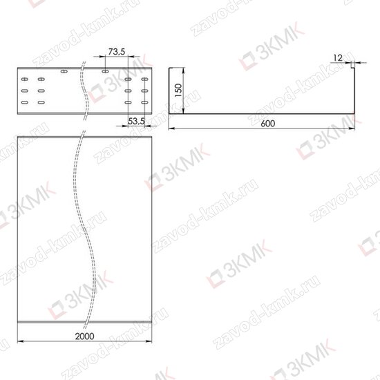 Чертёж неперфорированного лотка тяжёлой серии LGT 600x150 2000