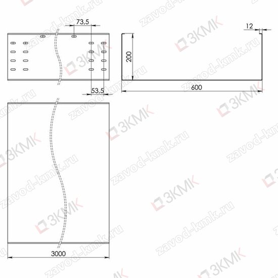 Чертёж неперфорированного лотка тяжёлой серии LGT 600x200 3000