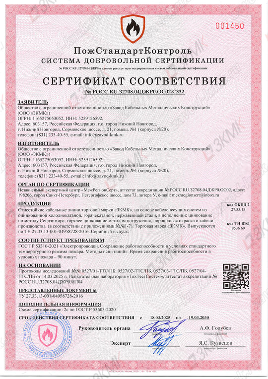Сертификат соответствия на ОКЛ (огнестойкая кабельная линия)